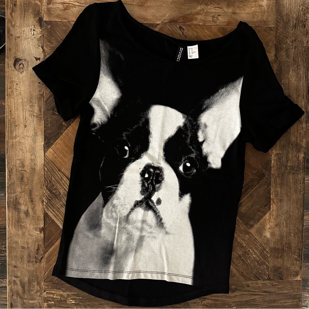 H&M Black and White Boston Terrier Dog Graphic Tee
